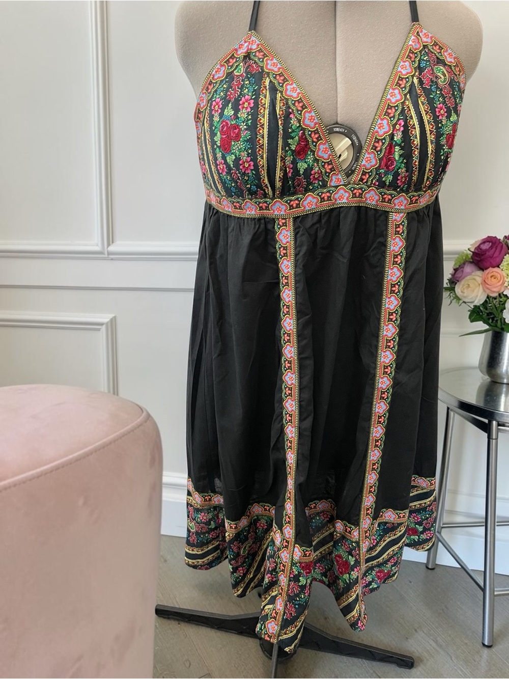 Floral Halter Mini Dress Large 100% Cotton Boho Festival Summer